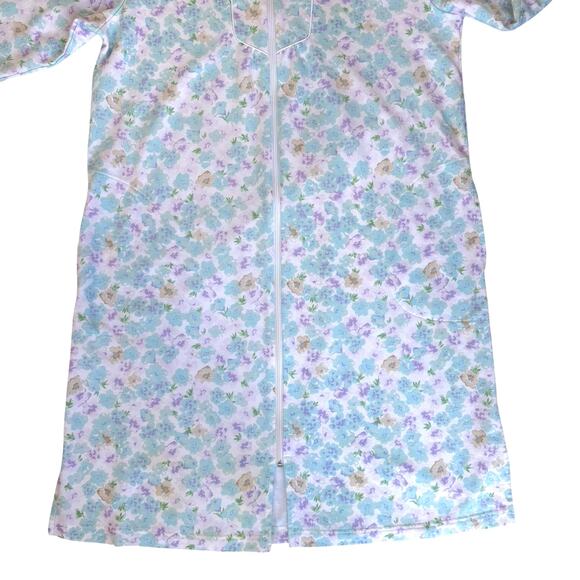 Miss Elaine Floral Zip Front Robe Women M Green Blue Cotton Blend Winter Flannel - Picture 2 of 12
